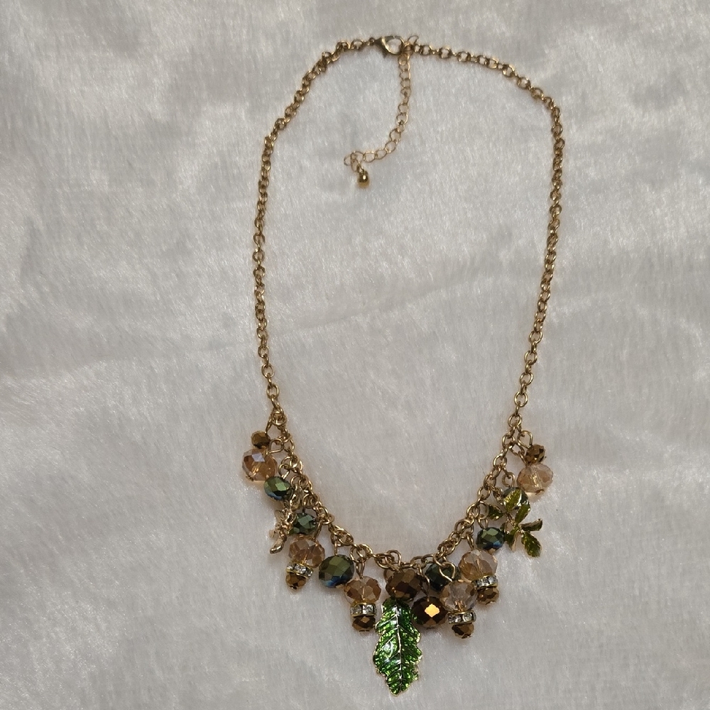 Gold-Tone Necklace with Green Enamel Leaf and Champagne Beads